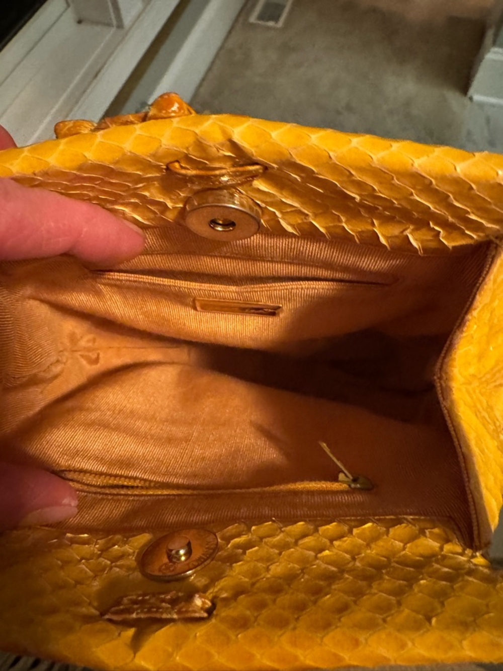 Judith Leiber Mustard Yellow Python-Texture Drawstring Crossbody - Picture 3 of 4